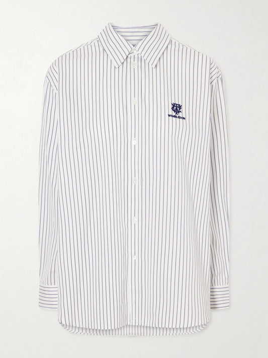 Image of a model wearing Tops. Product name - + Wimbledon Embroidered Striped Cotton-poplin Shirt in Blue colour by brand - Polo Ralph Lauren