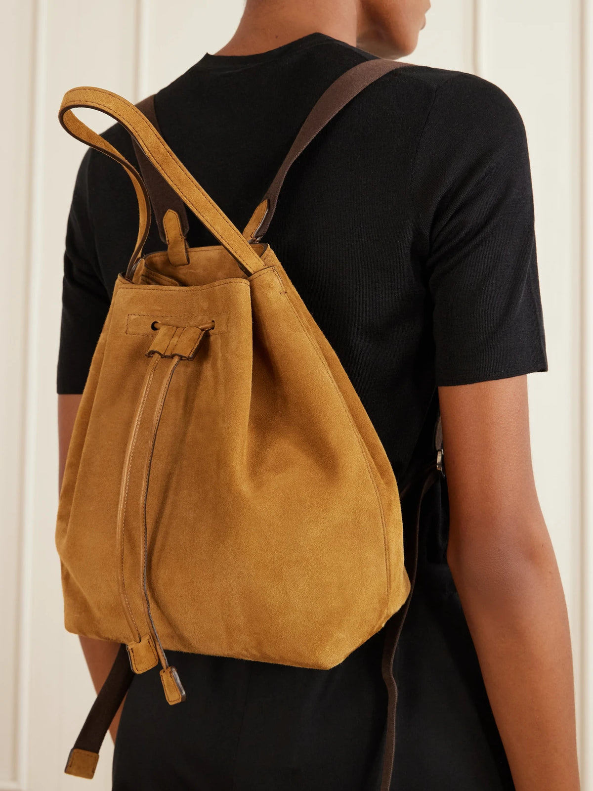 Image of Bags. Product name - Suede Drawstring Backpack in Tan colour by brand - The Row