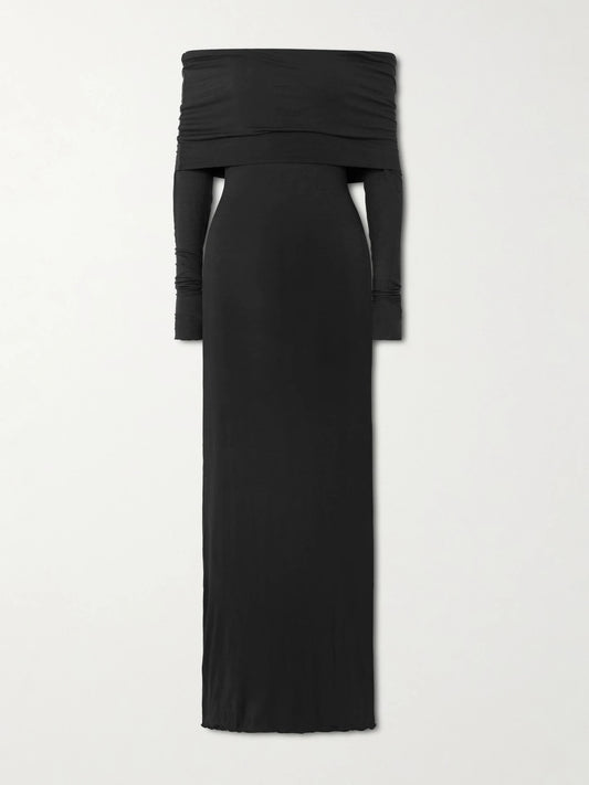 Image of Dresses. Product name - Sheer Modal-blend Off Shoulder Long Dress - Onyx in Black colour by brand - SKIMS