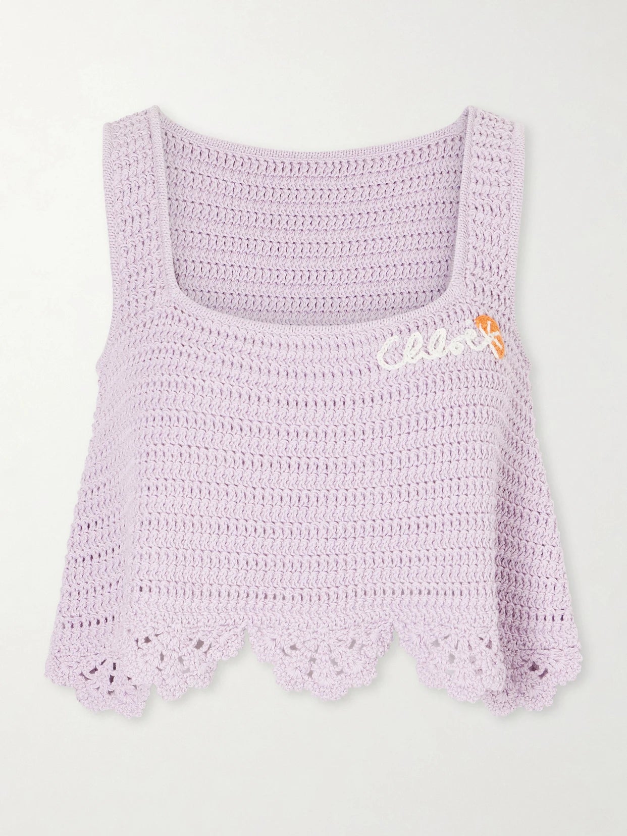 Image of a model wearing Tops. Product name - Cropped Appliquéd Crocheted Cotton Top in Purple colour by brand - Chloé