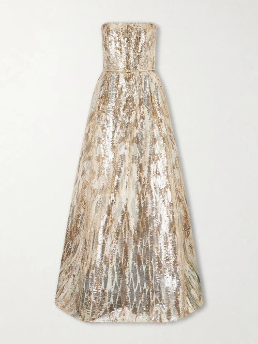 Image of Dresses. Product name - Strapless Belted Sequin-embellished Tulle Gown in Metallic colour by brand - Elie Saab