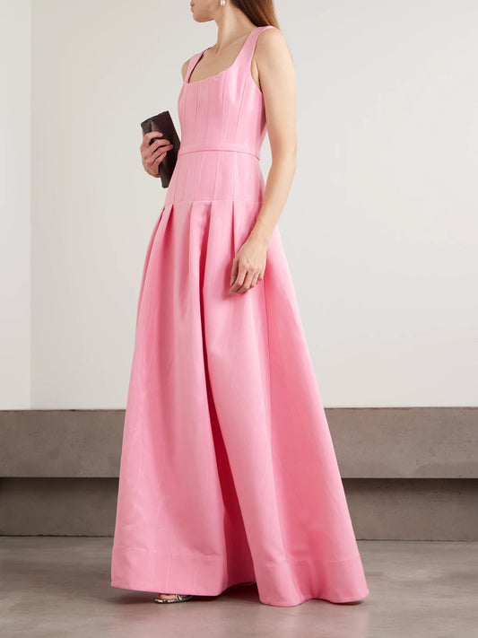 Image of Dresses. Product name - Amaro Belted Pleated Taffeta Gown in Pink colour by brand - Rebecca Vallance