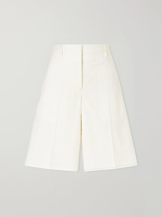 Image of a model wearing Shorts. Product name - Gingham Point D'esprit Shorts in Off-white colour by brand - Another Tomorrow