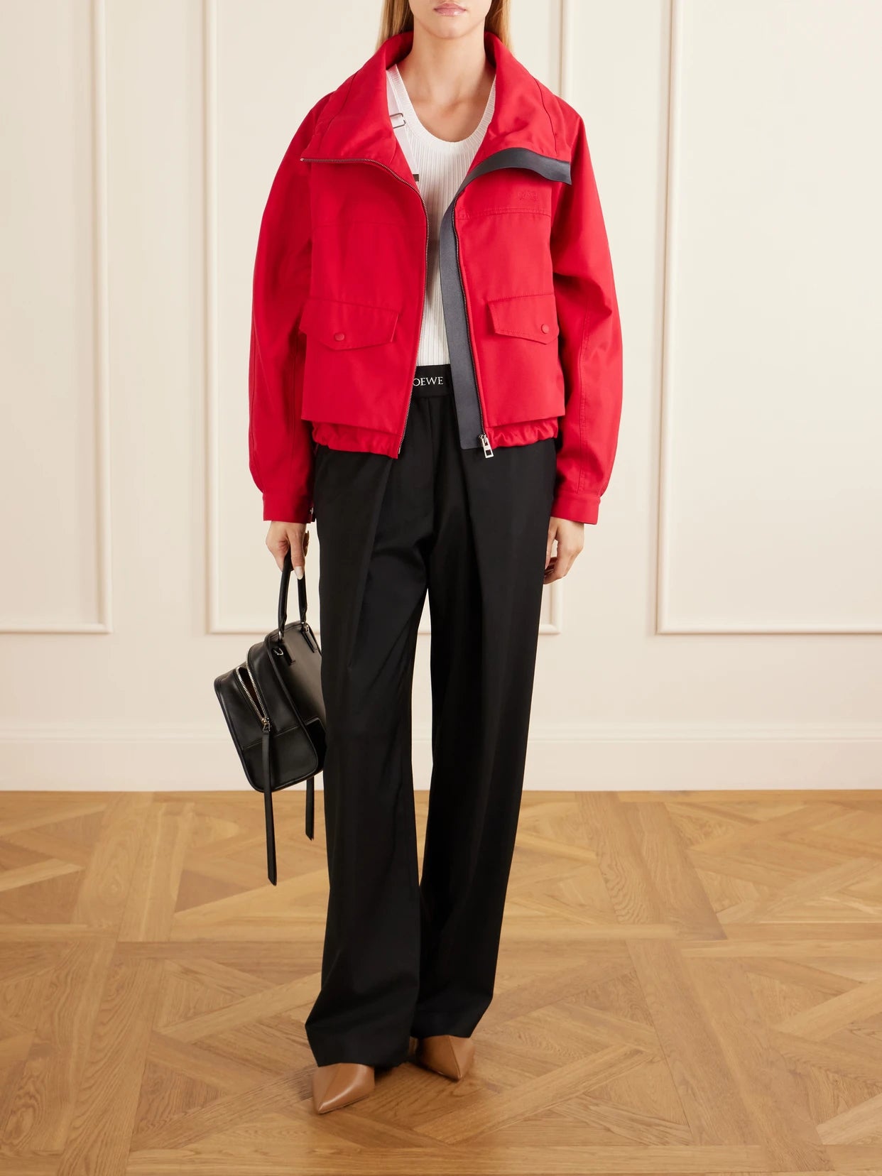 Image of Coats & Jackets. Product name - Leather-trimmed Anagram-embroidered Cropped Cotton And Silk-blend Gabardine Jacket in Multi colour by brand - LOEWE