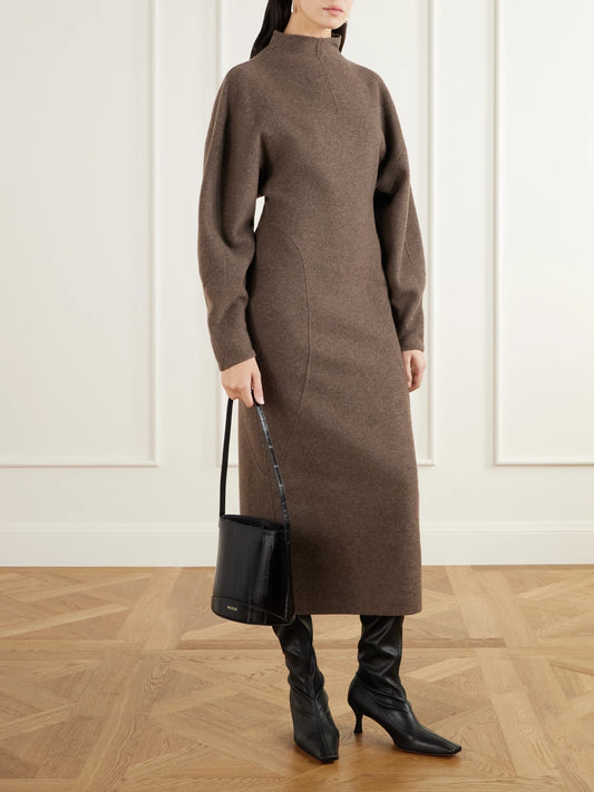 Image of Dresses. Product name - Tenuta Paneled Wool-blend Midi Dress in Dark brown colour by brand - Max Mara
