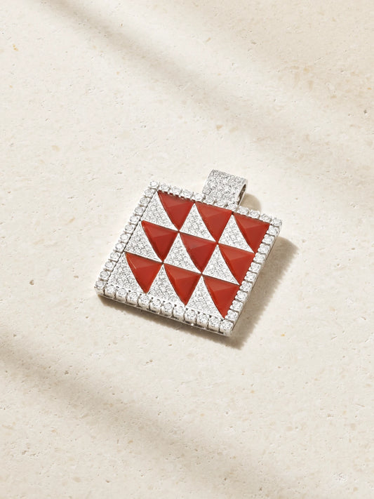 Square 18-karat White Gold, Carnelian And Diamond Pendant