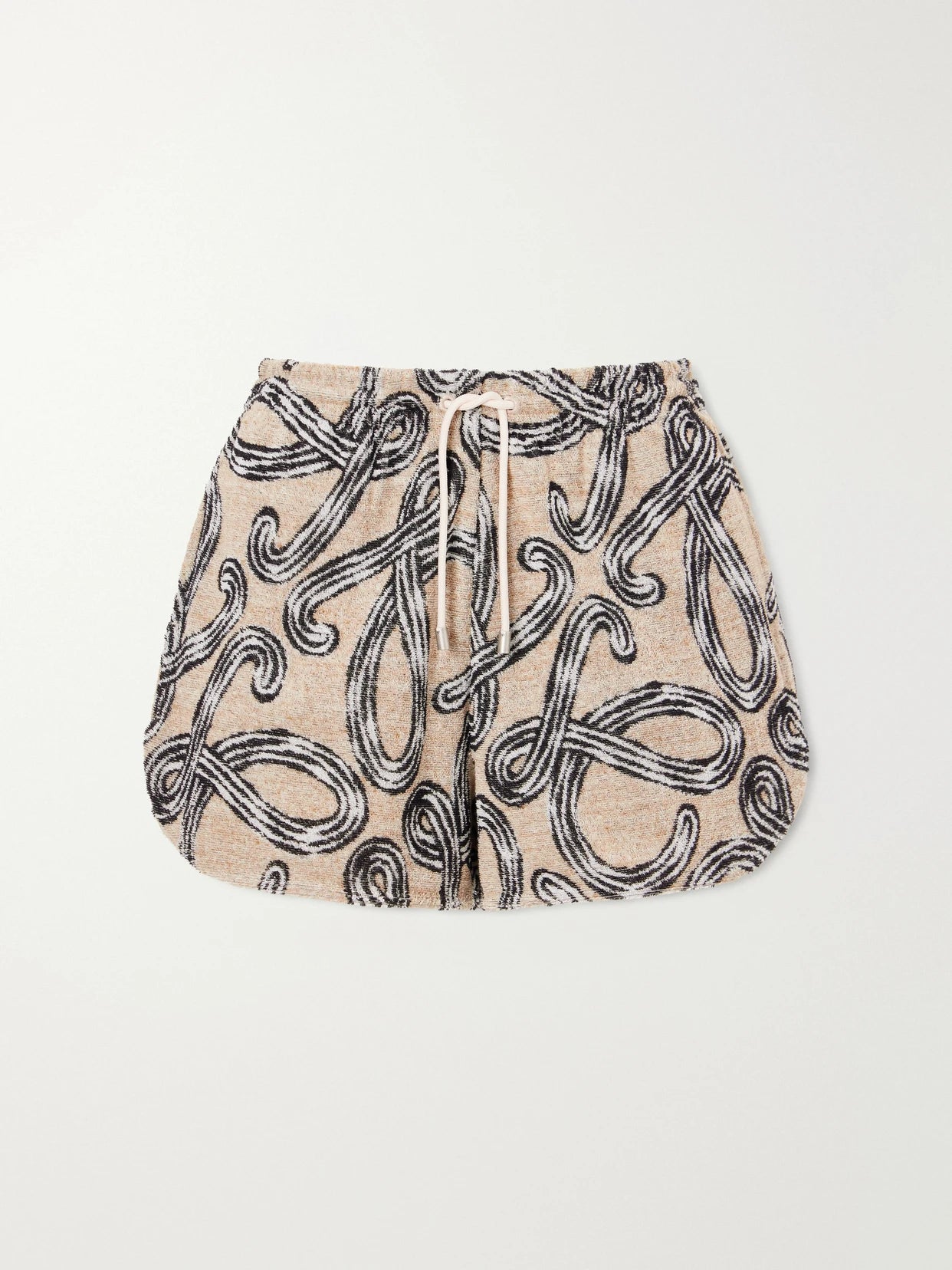 Image of a model wearing Shorts. Product name - +paula's Ibiza Printed Cotton-blend Terry Shorts in Beige colour by brand - LOEWE