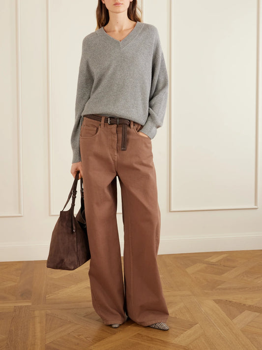 Image of a model wearing Outerwear. Product name - Ribbed-knit Metallic Cashmere-blend Sweater in Light gray colour by brand - Brunello Cucinelli
