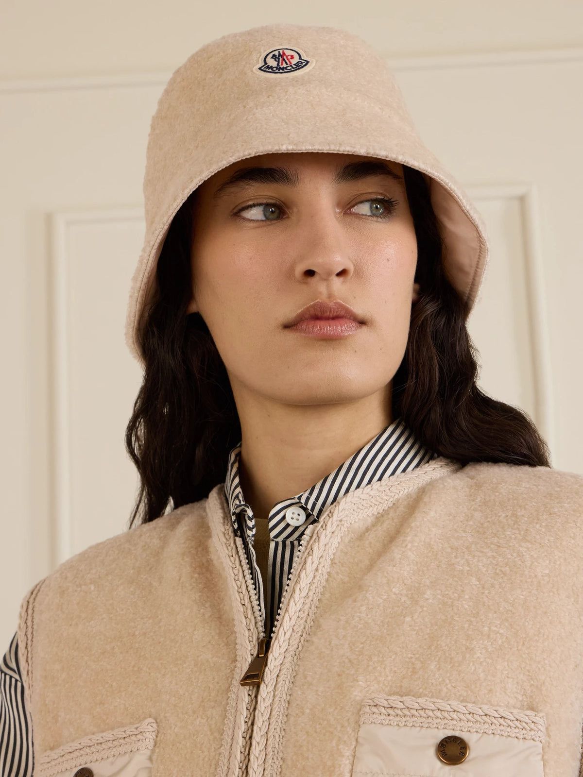 Image of Hats. Product name - Embroidered Fleece Bucket Hat in Beige colour by brand - Moncler