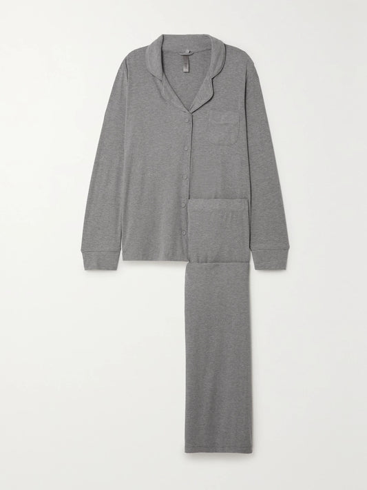 Image of Lingerie. Product name - Ribbed Stretch-modal Jersey Lounge Set - Heather Grey in Gray colour by brand - SKIMS