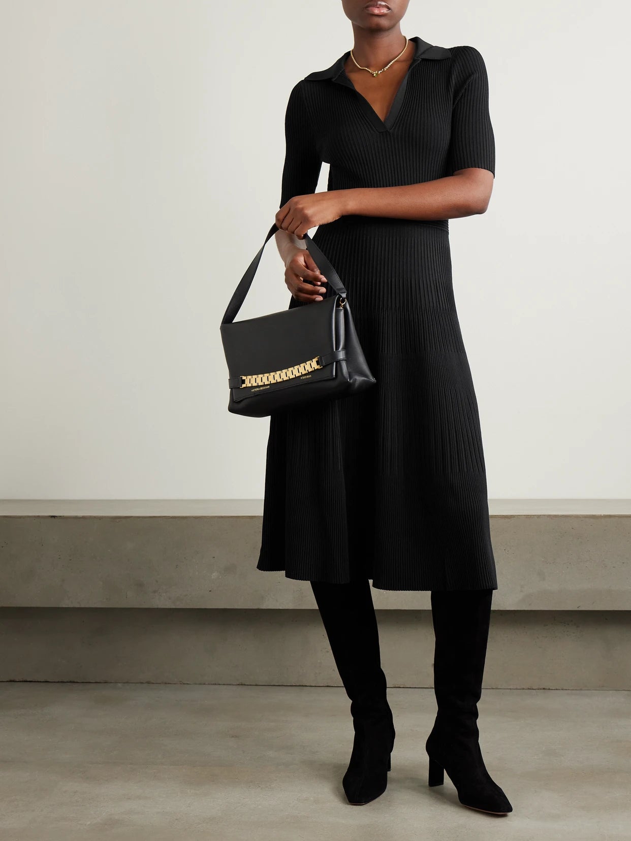 Image of Dresses. Product name - Pati Ribbed-knit Midi Dress in Black colour by brand - SIMKHAI