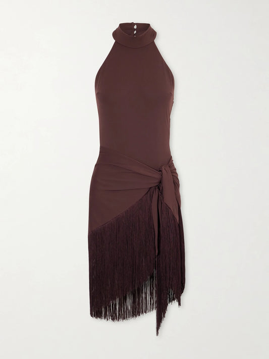 Image of Swimwear. Product name - Artemis Swimsuit And Fringed Pareo Set in Brown colour by brand - Taller Marmo