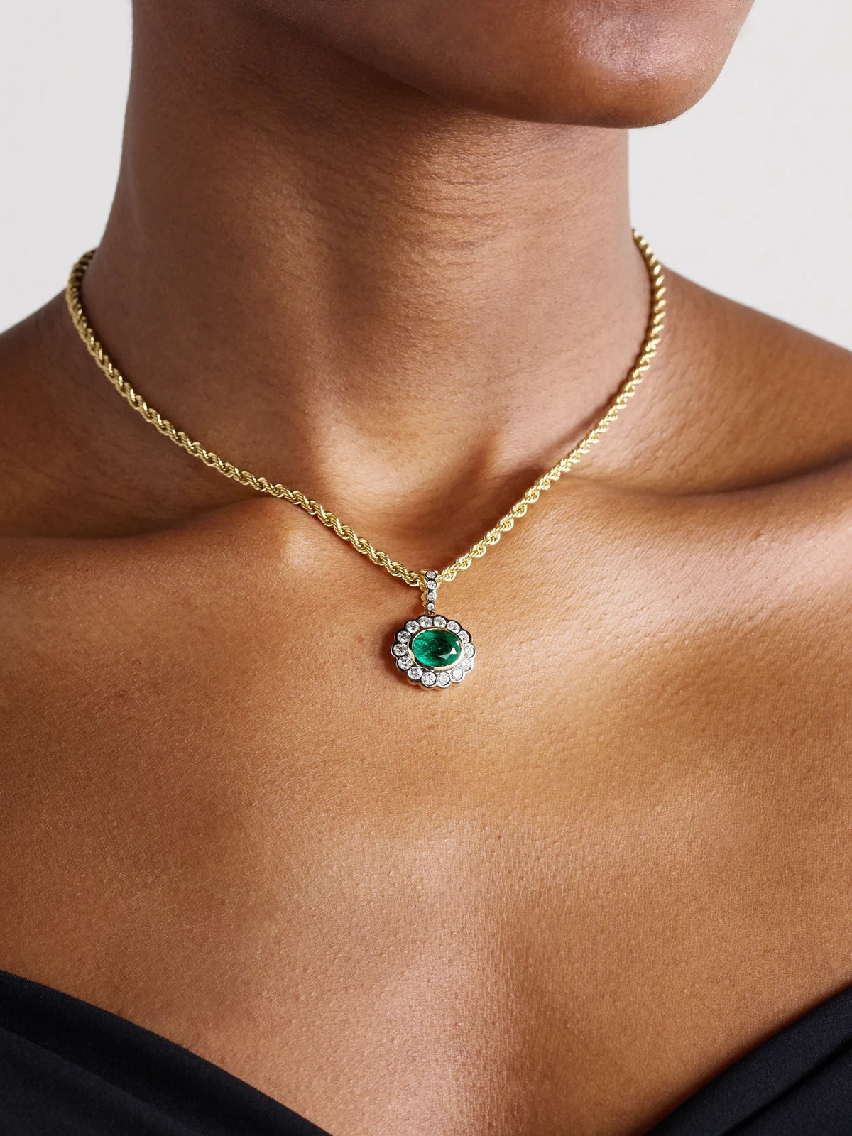 Image of Necklaces. Product name - 14-karat Yellow And White Gold, Emerald And Diamond Necklace in Multi colour by brand - Marlo Laz