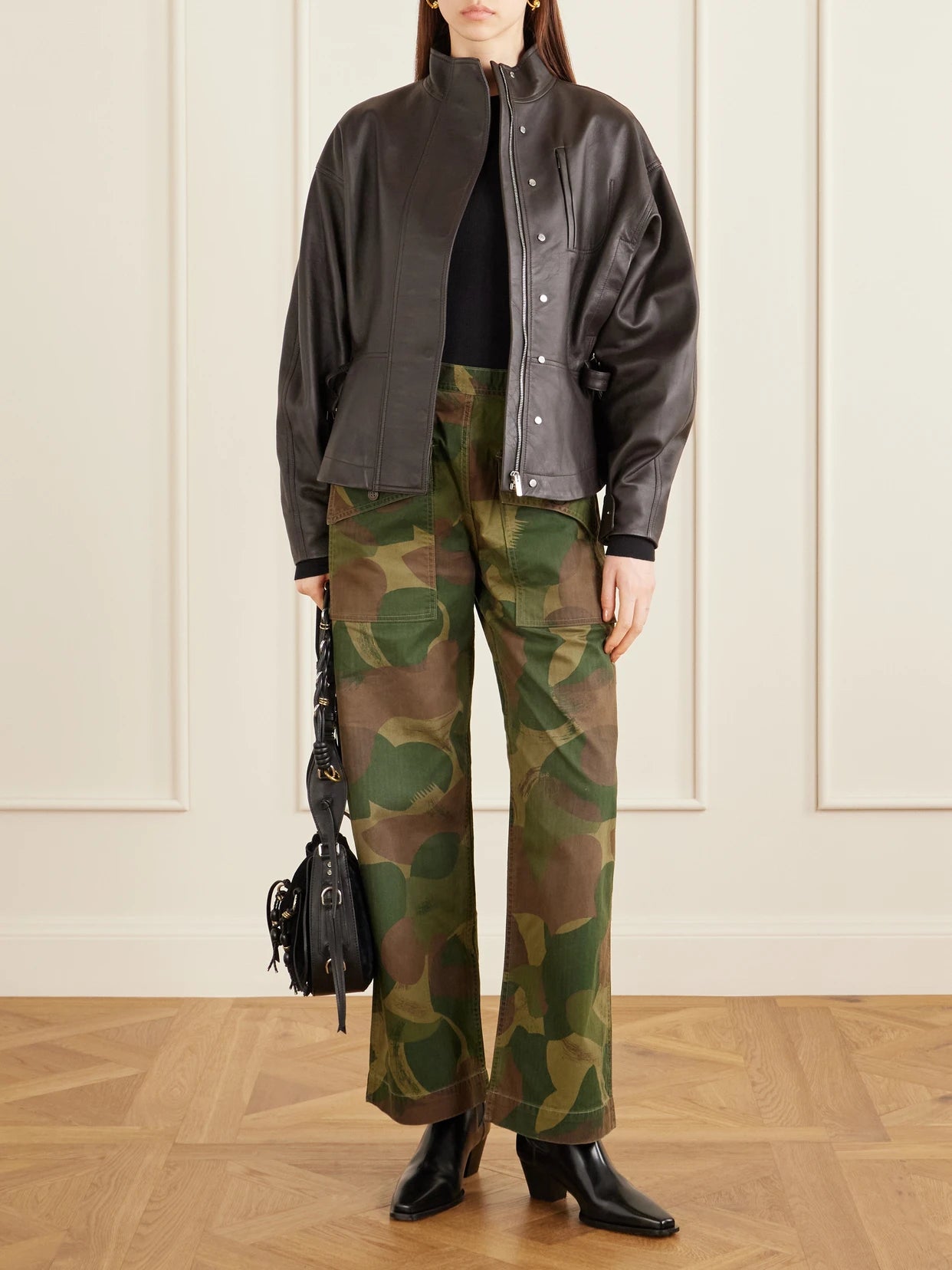 Image of a model wearing Pants. Product name - Camouflage-print Cotton Wide-leg Pants in Army green colour by brand - RRL