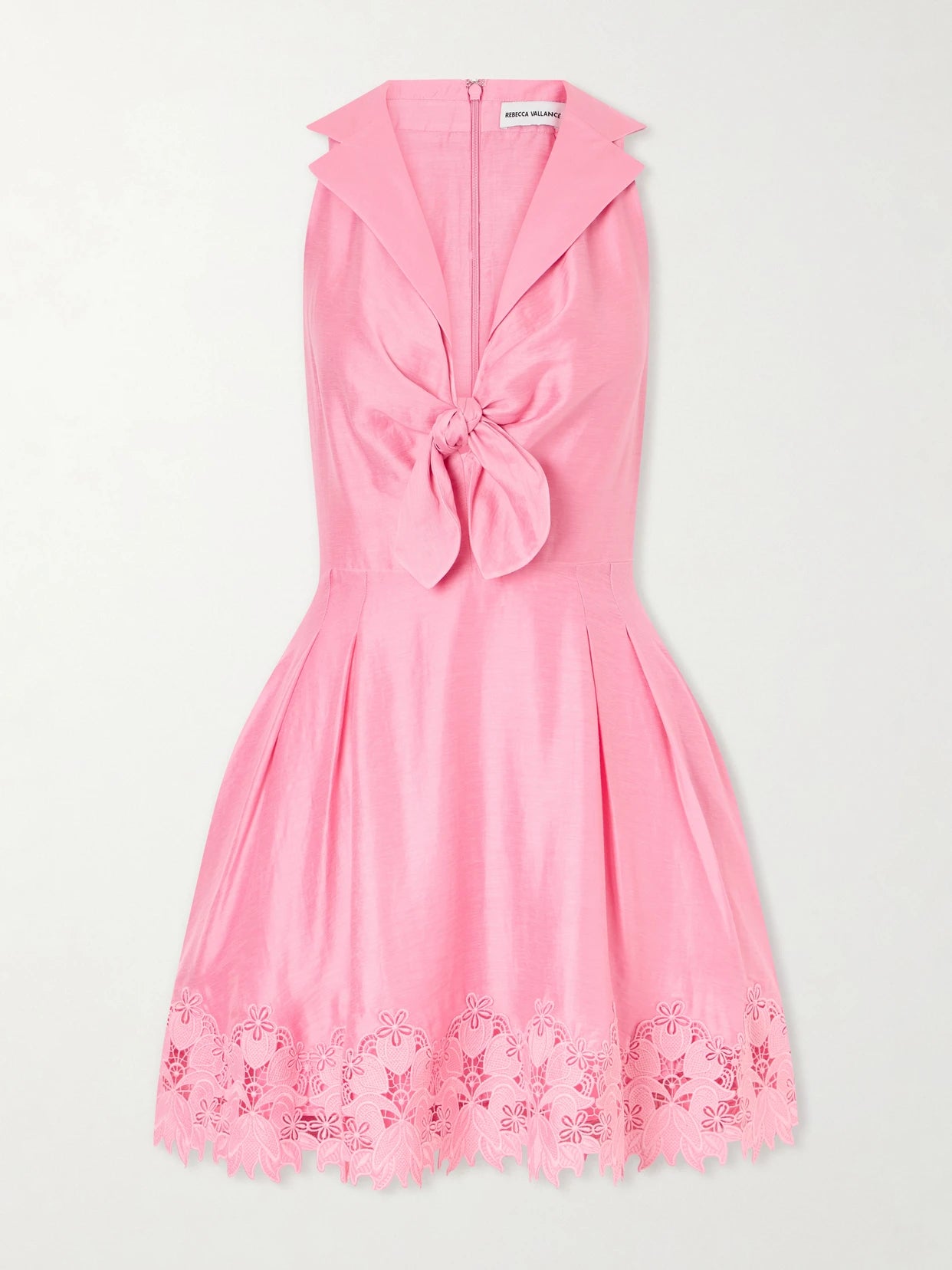 Image of Dresses. Product name - Petalite Knotted Broderie Anglaise-trimmed Poplin Mini Dress in Pink colour by brand - Rebecca Vallance