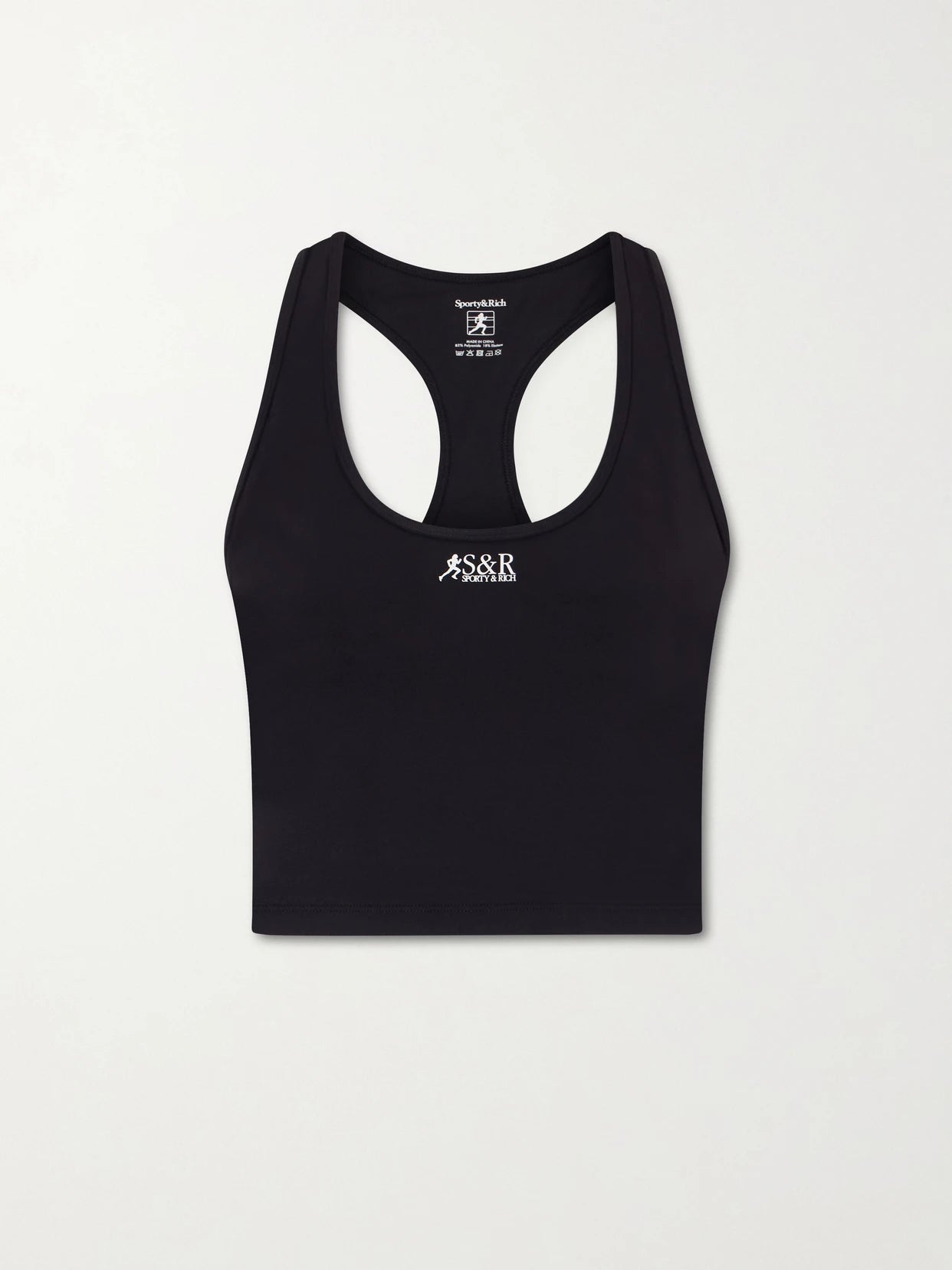 Image of a model wearing Tops. Product name - Runner Sports Tech-jersey Cropped Tank Top in Black colour by brand - Sporty & Rich