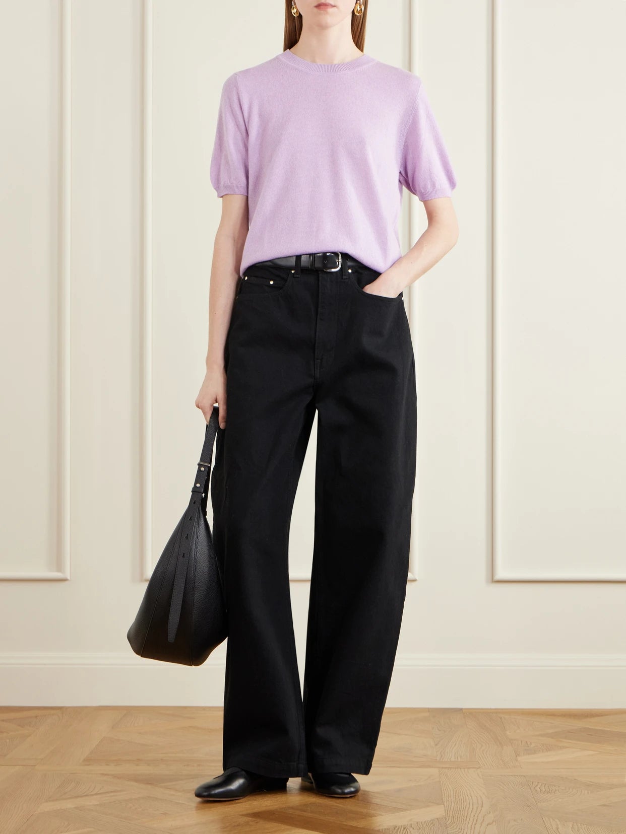 Image of a model wearing Outerwear. Product name - Emer Cropped Cashmere And Cotton-blend T-shirt in Lilac colour by brand - &Daughter
