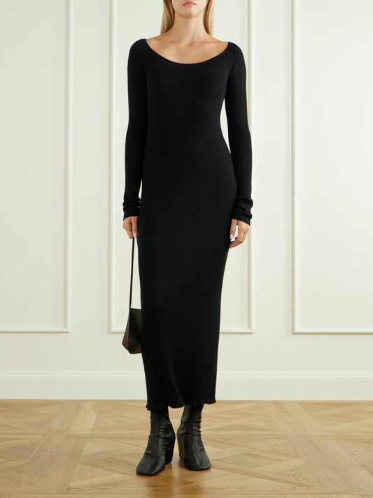 Image of Dresses. Product name - Ternil Ribbed Cashmere Maxi Dress in Black colour by brand - Le Kasha