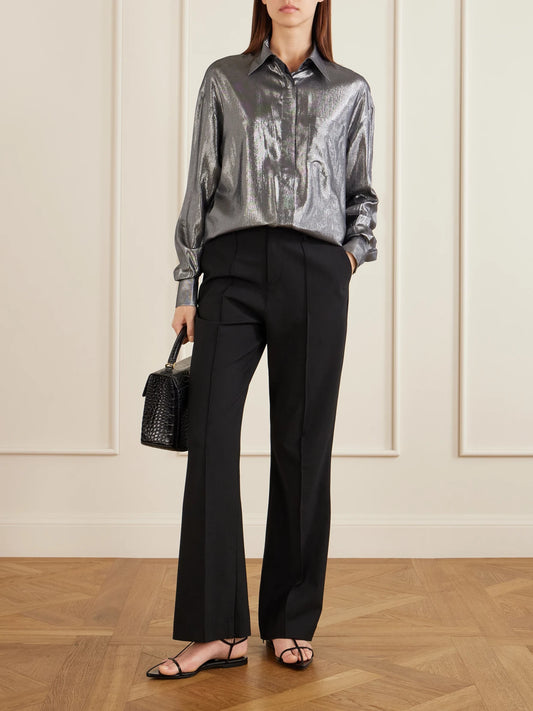 Image of a model wearing Tops. Product name - Carmen Satin Shirt in Silver colour by brand - Giuliva Heritage