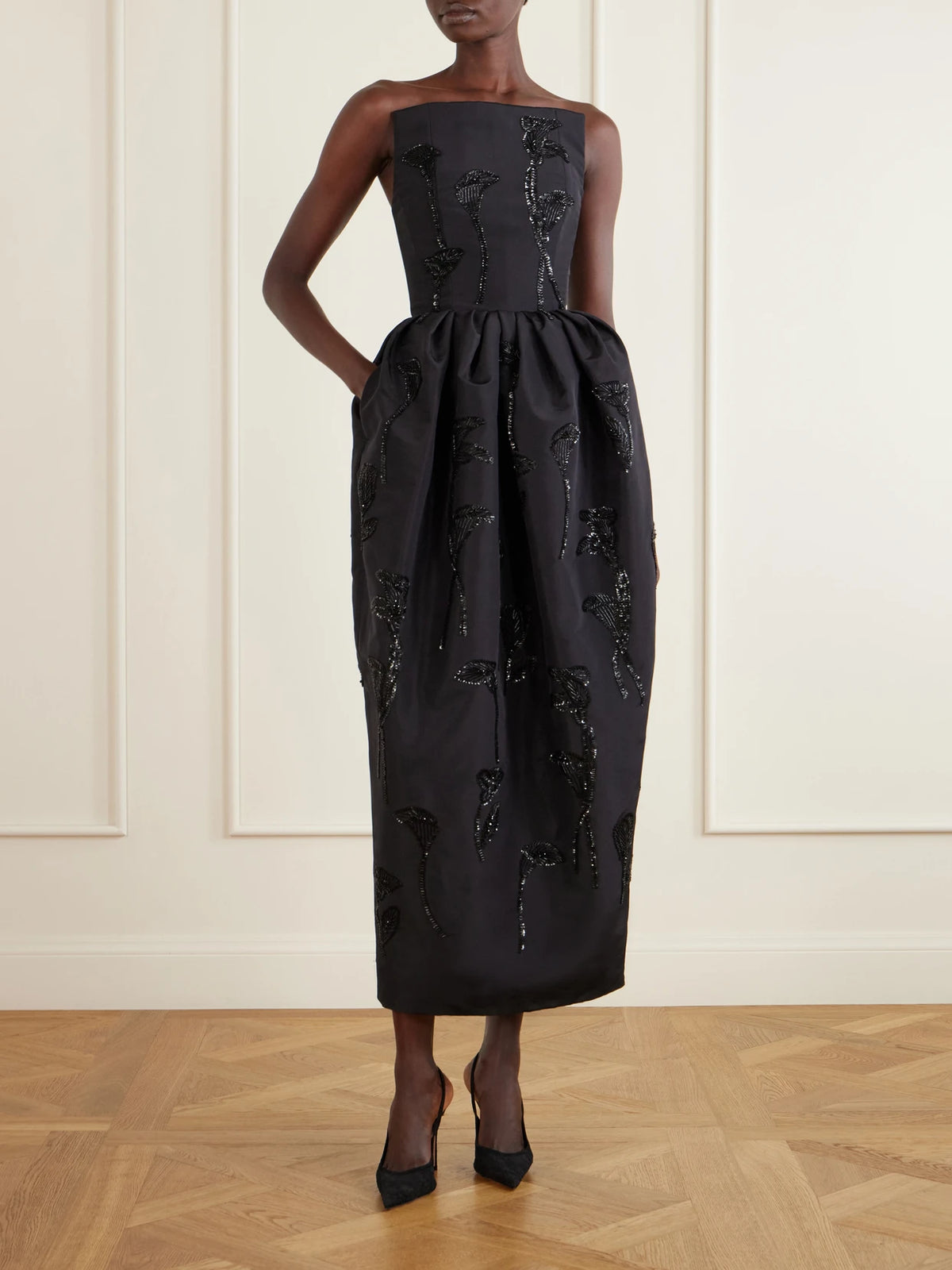 Image of Dresses. Product name - Embellished Strapless Silk-faille Gown in Black colour by brand - Carolina Herrera