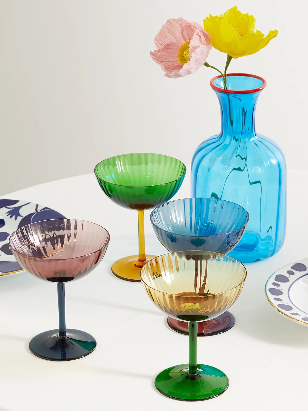 Image of Tableware. Product name - Rainbow Set Of Four Murano Glass Champagne Coupes in Blue colour by brand - La DoubleJ