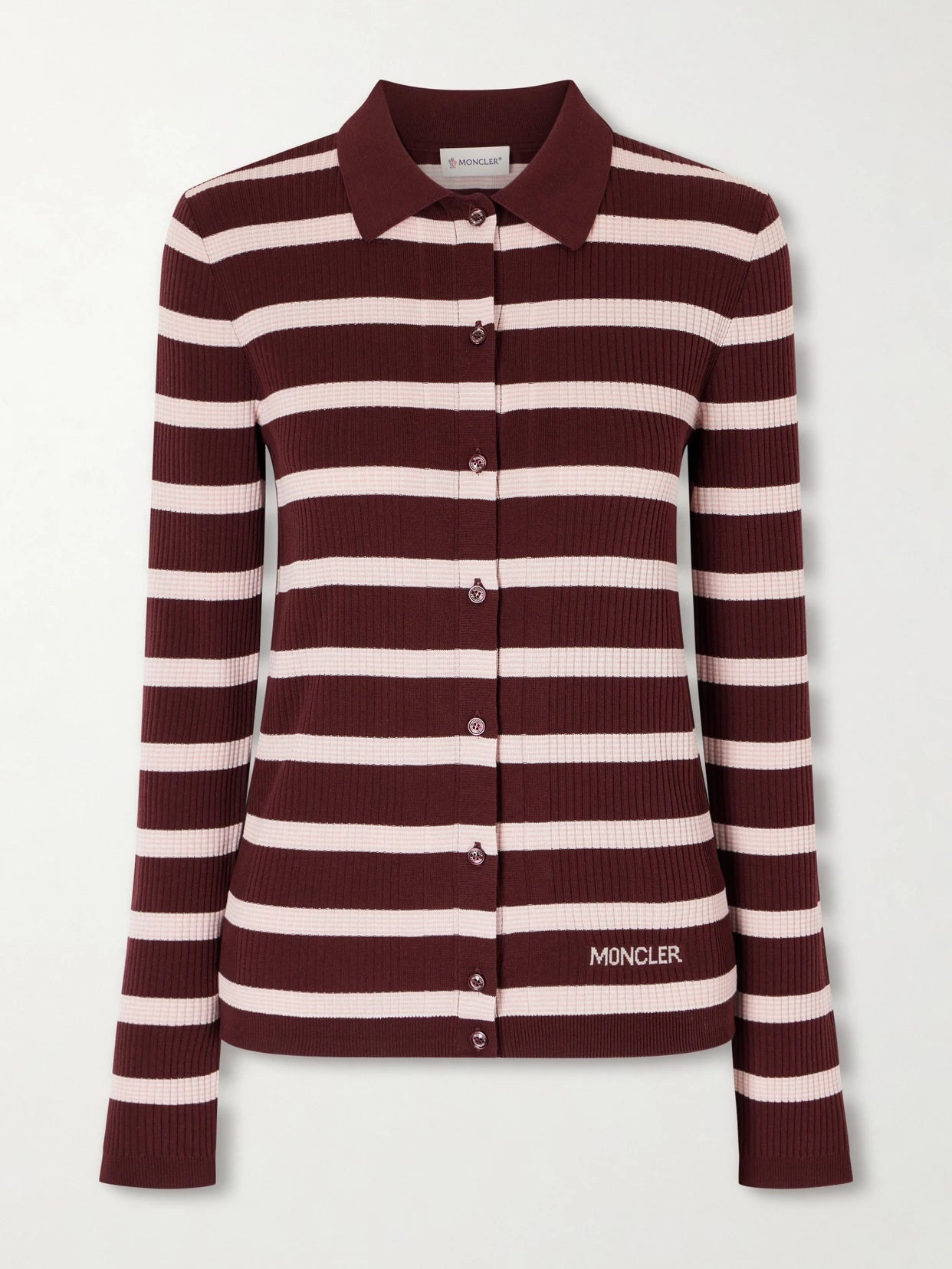 Image of a model wearing Outerwear. Product name - Striped Ribbed Cotton Polo Shirt in Burgundy colour by brand - Moncler