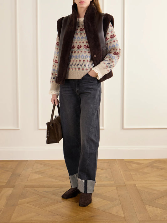 Image of a model wearing Outerwear. Product name - Preston Crochet-knit Trimmed Floral-intarsia Wool-blend Sweater in Multi colour by brand - Sea