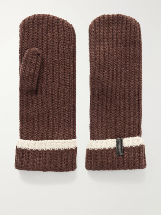 Bead-embellished Striped Ribbed Cashmere Mittens