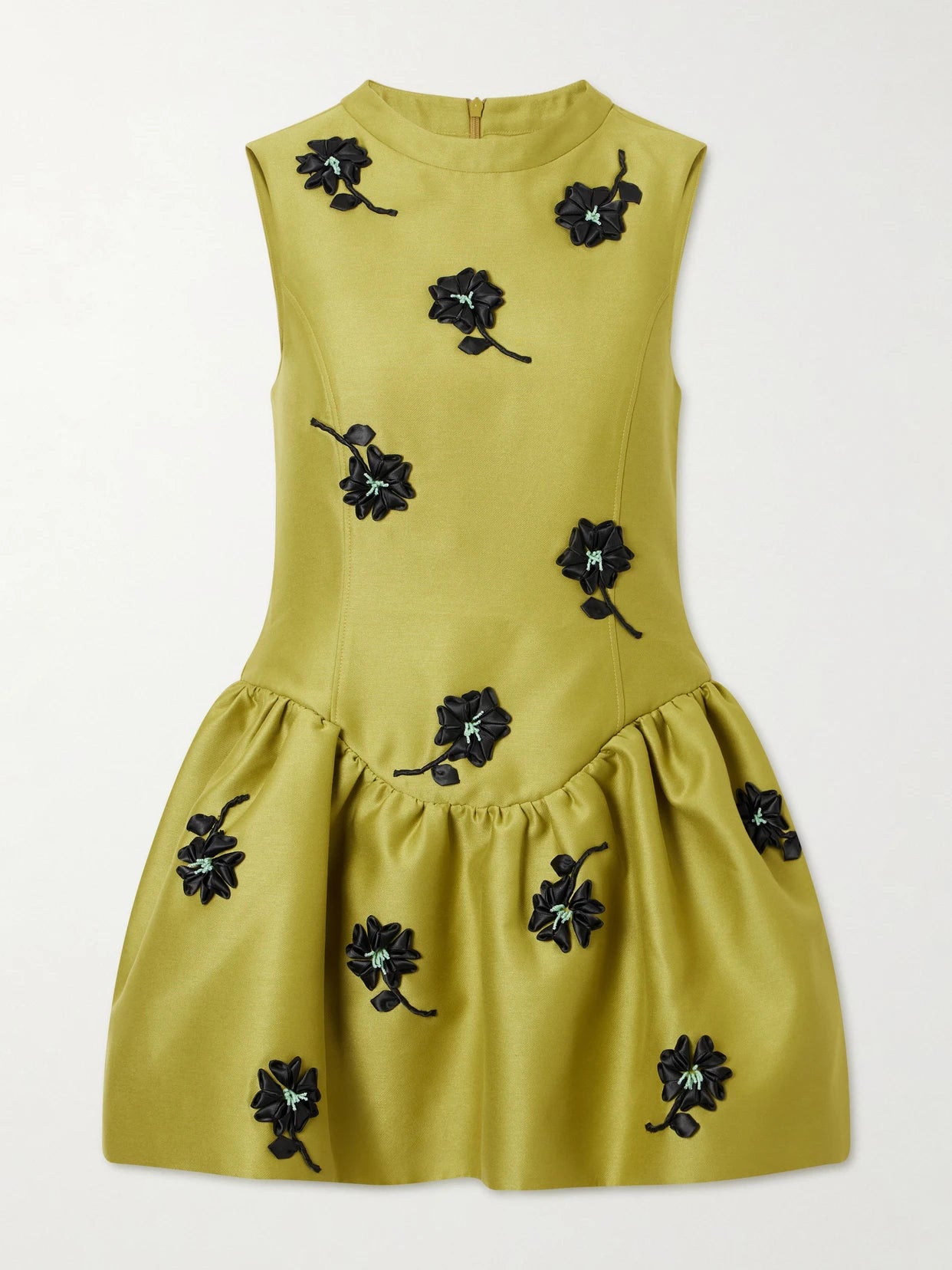 Floral-appliqué Gathered Satin Mini Dress