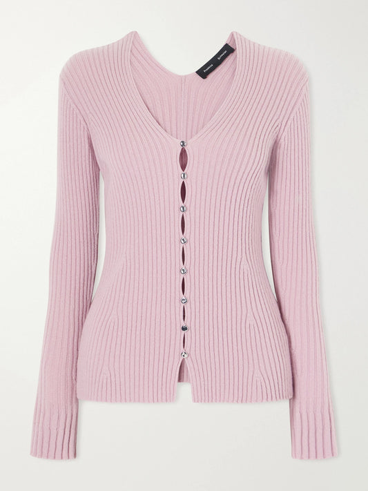 Image of a model wearing Outerwear. Product name - Valeria Ribbed-knit Cashmere Cardigan in Pink colour by brand - Proenza Schouler