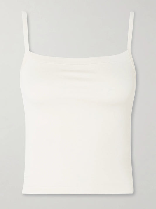 Image of a model wearing Tops. Product name - Stretch-modal Jersey Tank in Off-white colour by brand - ÉTERNE