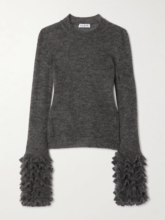 Image of a model wearing Outerwear. Product name - Ruched Mohair-blend Sweater in Gray colour by brand - Alaïa