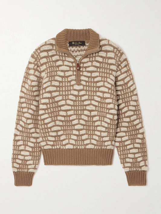Image of a model wearing Outerwear. Product name - Jacquard-knit Camel Hair Sweater in Beige colour by brand - Loro Piana