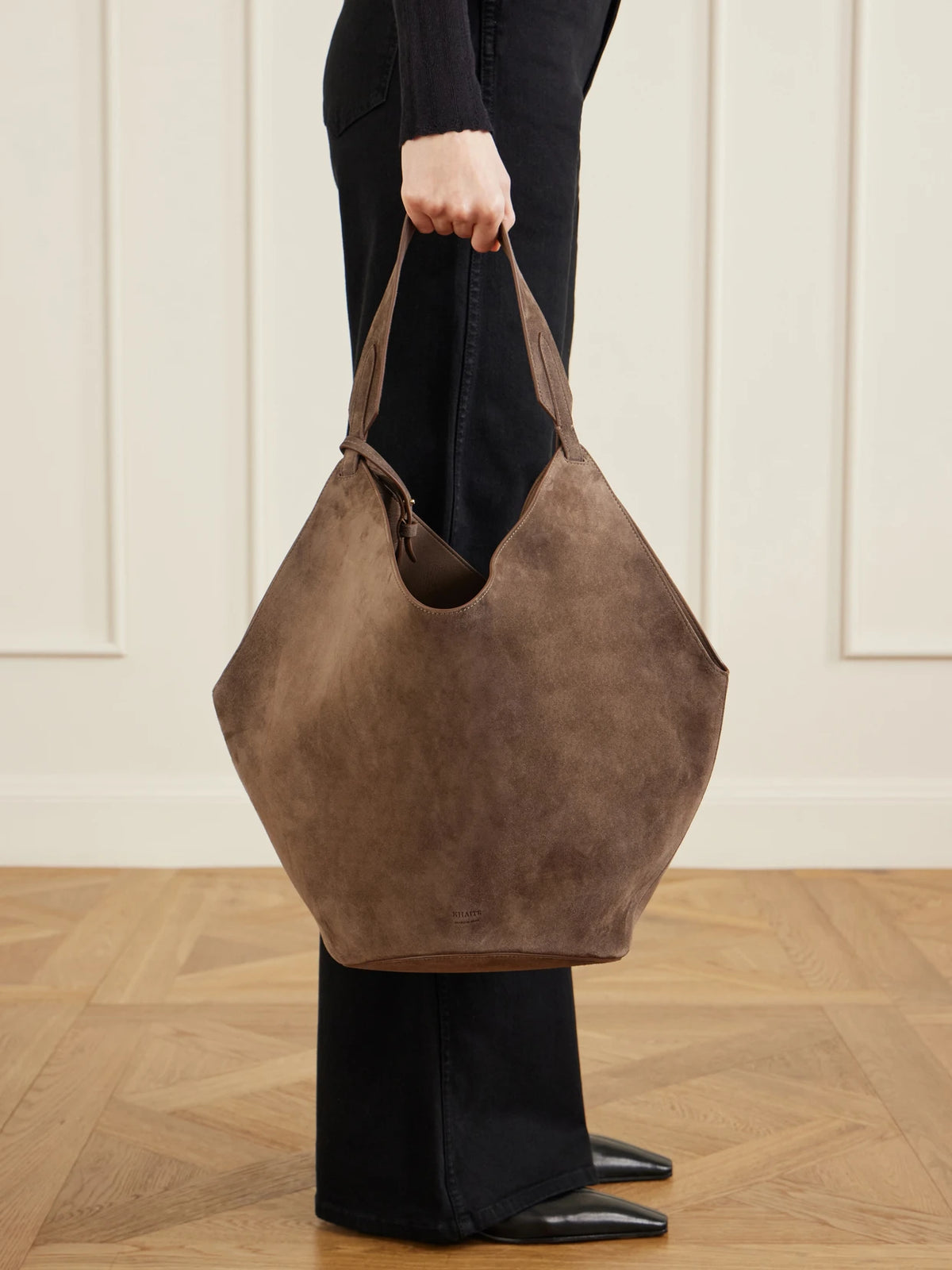 Image of Bags. Product name - Lotus Medium Suede Tote in Brown colour by brand - KHAITE