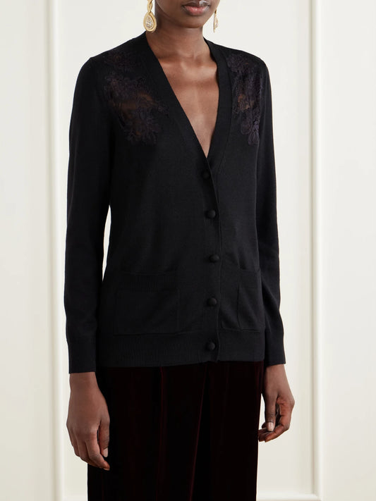 Valentino Garavani Lace-trimmed Wool Cardigan