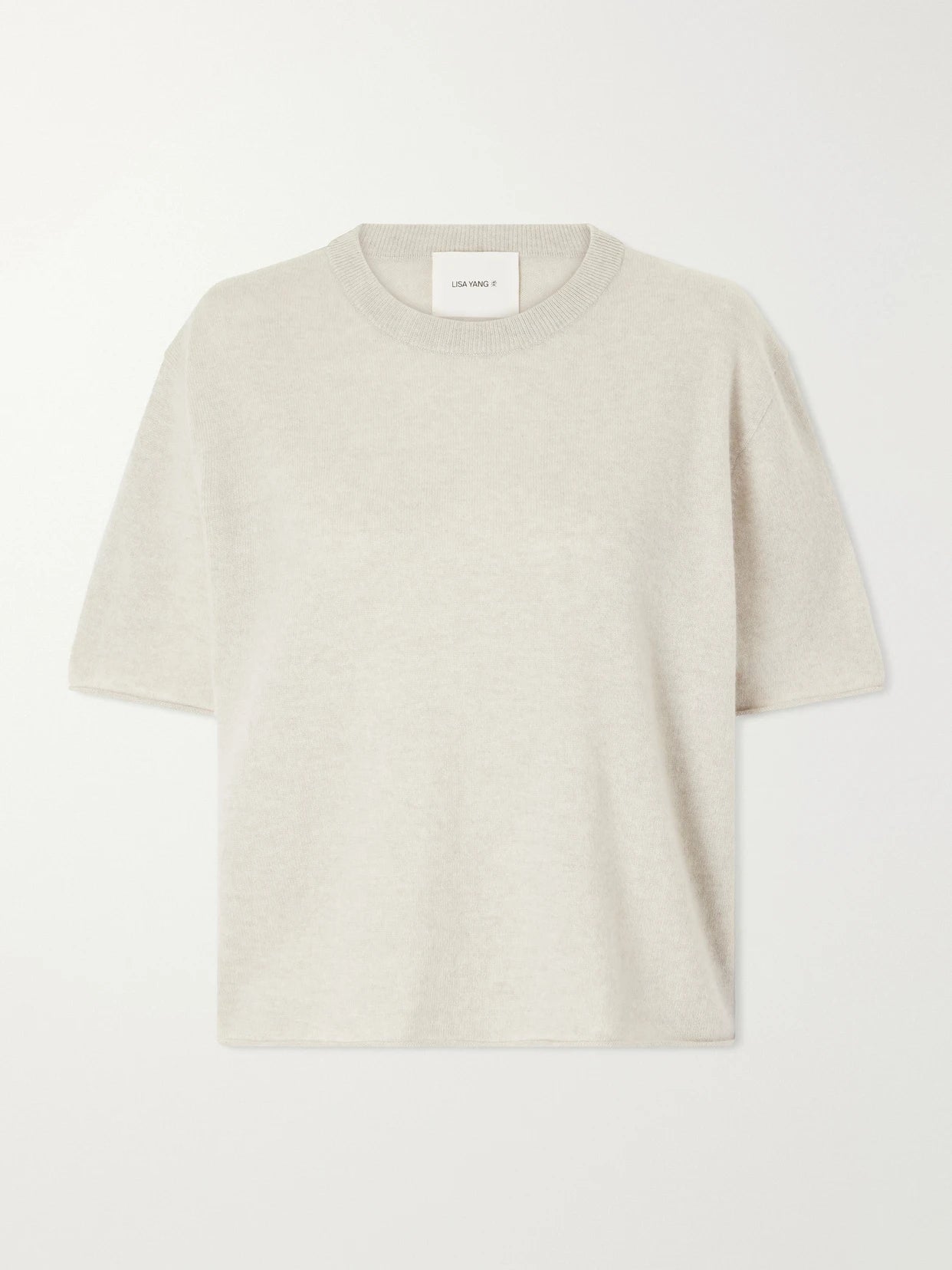 Image of a model wearing Tops. Product name - Cila Cashmere T-shirt in Beige colour by brand - LISA YANG