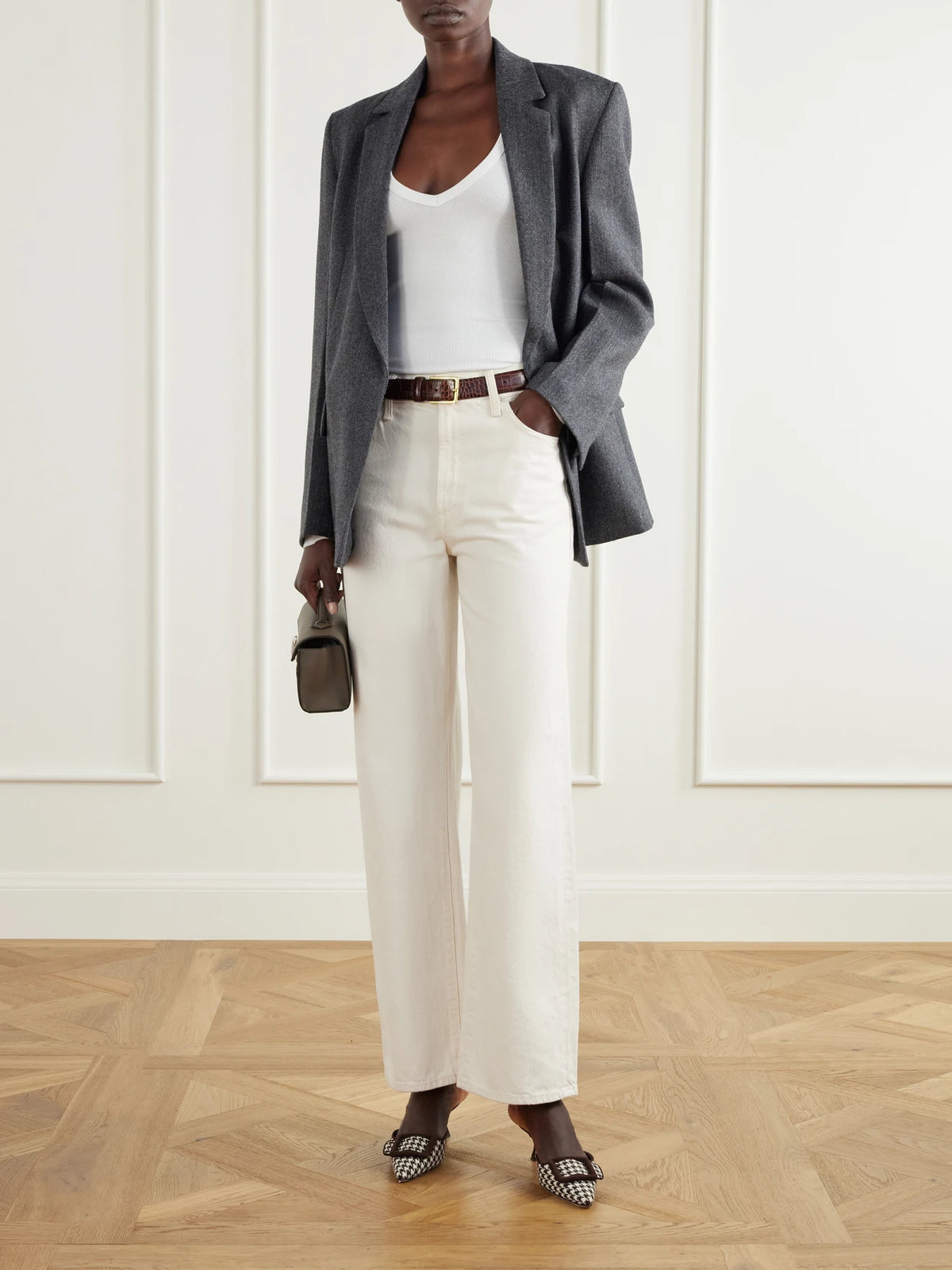 Image of Heels. Product name - Mayslibi 50 Suede-trimmed Houndstooth Woven Mules in Brown colour by brand - Manolo Blahnik