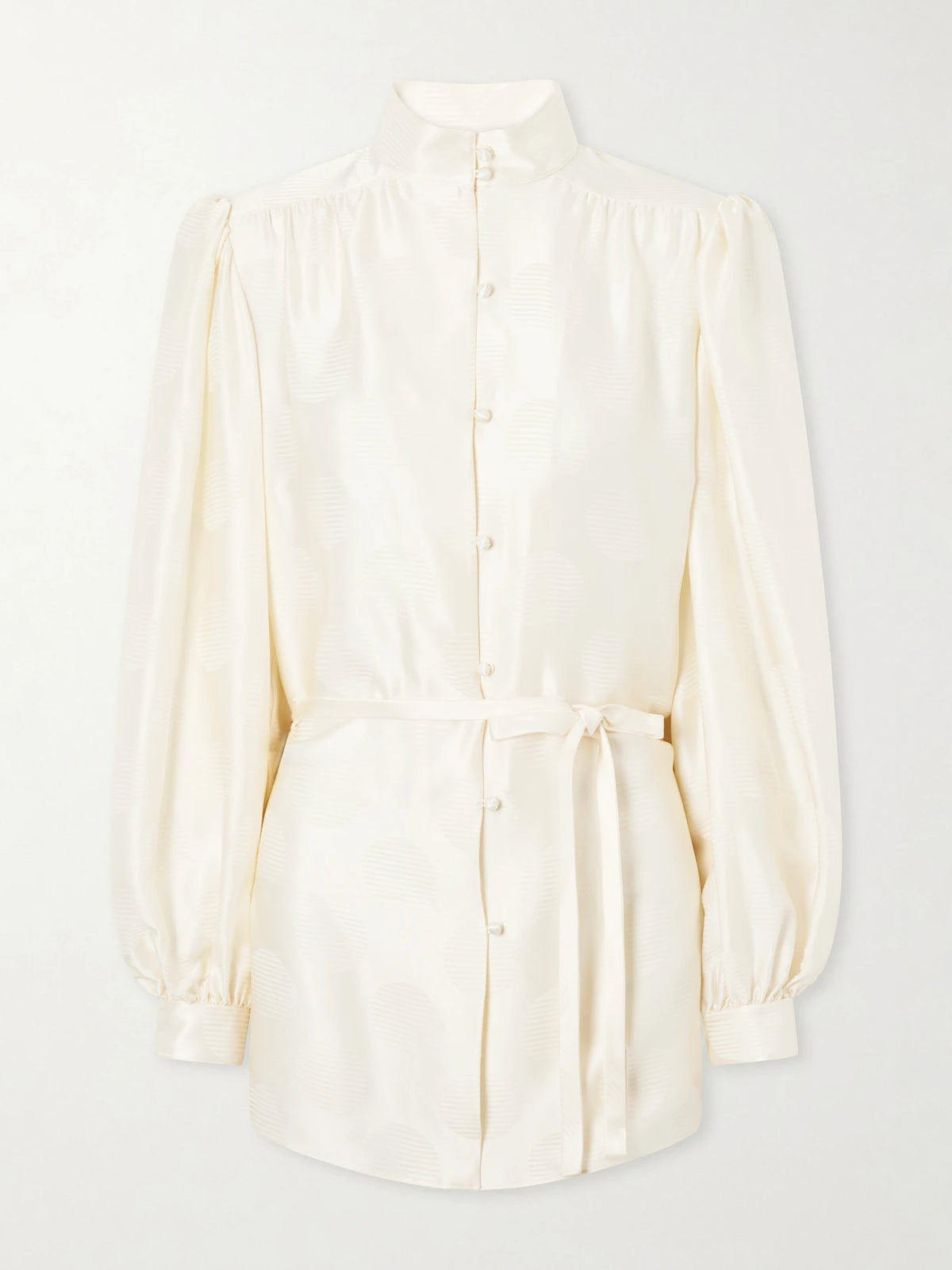 Belted Polka-dot Silk-jacquard Blouse