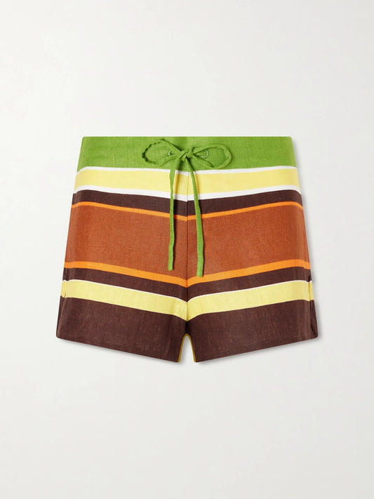 Image of a model wearing Shorts. Product name - Miel Striped Linen Shorts in Brown colour by brand - Faithfull