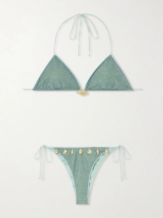 Image of Swimwear. Product name - Lumiere Metallic Charm-detail Bikini in Jade colour by brand - Oséree