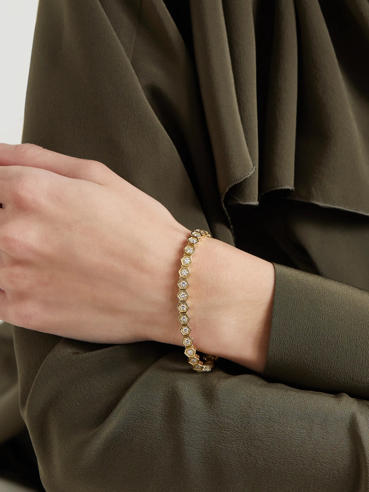 Image of Bracelets. Product name - Hexagon Xxlarge 18-karat Gold Diamond Tennis Bracelet in Multi colour by brand - KOLOURS JEWELRY