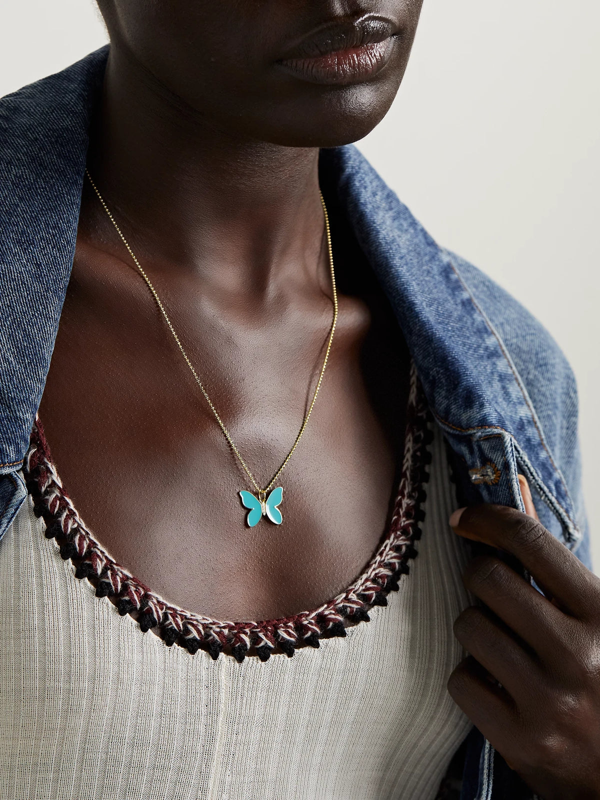 Image of Necklaces. Product name - Butterfly 14-karat Gold, Enamel And Diamond Necklace in Turquoise colour by brand - Sydney Evan
