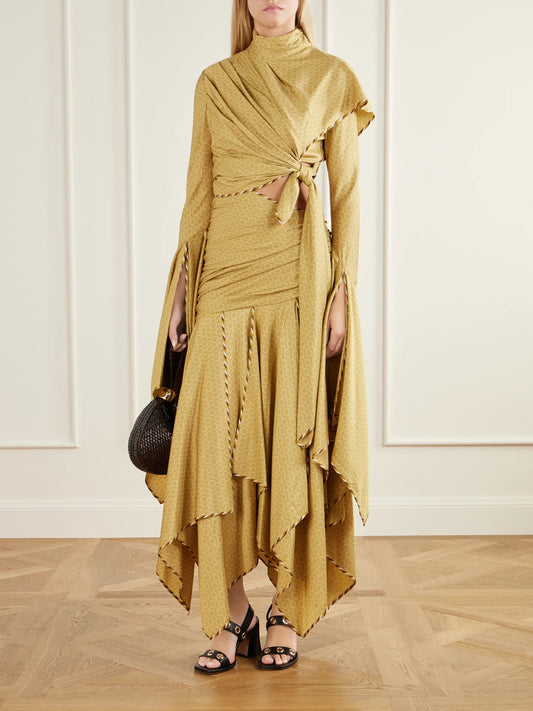 Image of Dresses. Product name - Valiant Asymmetric Knotted Draped Printed Silk-blend Twill Turtleneck Maxi Dress in Brown colour by brand - Zimmermann