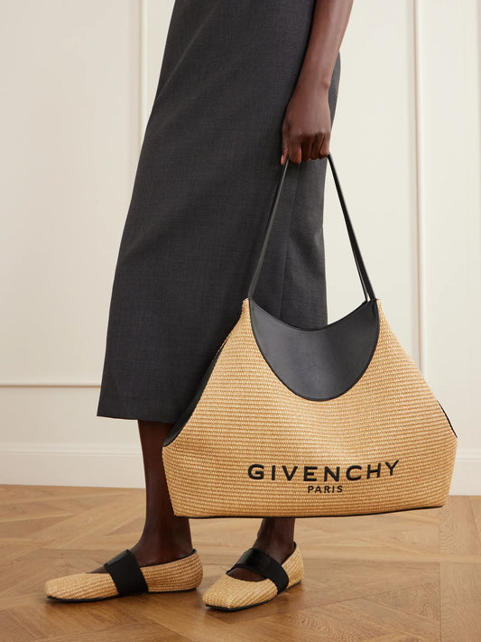 Image of Bags. Product name - Facet Embroidered Leather-trimmed Raffia Tote in Beige colour by brand - Givenchy