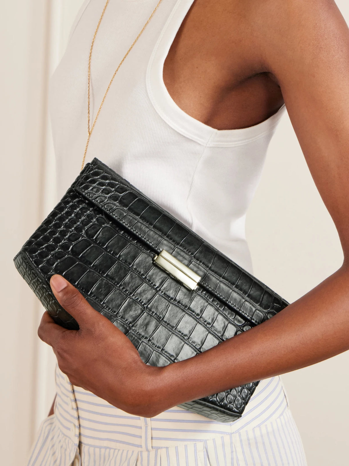 Image of Bags. Product name - Clip Croc-effect Leather Shoulder Bag in Green colour by brand - TOTEME
