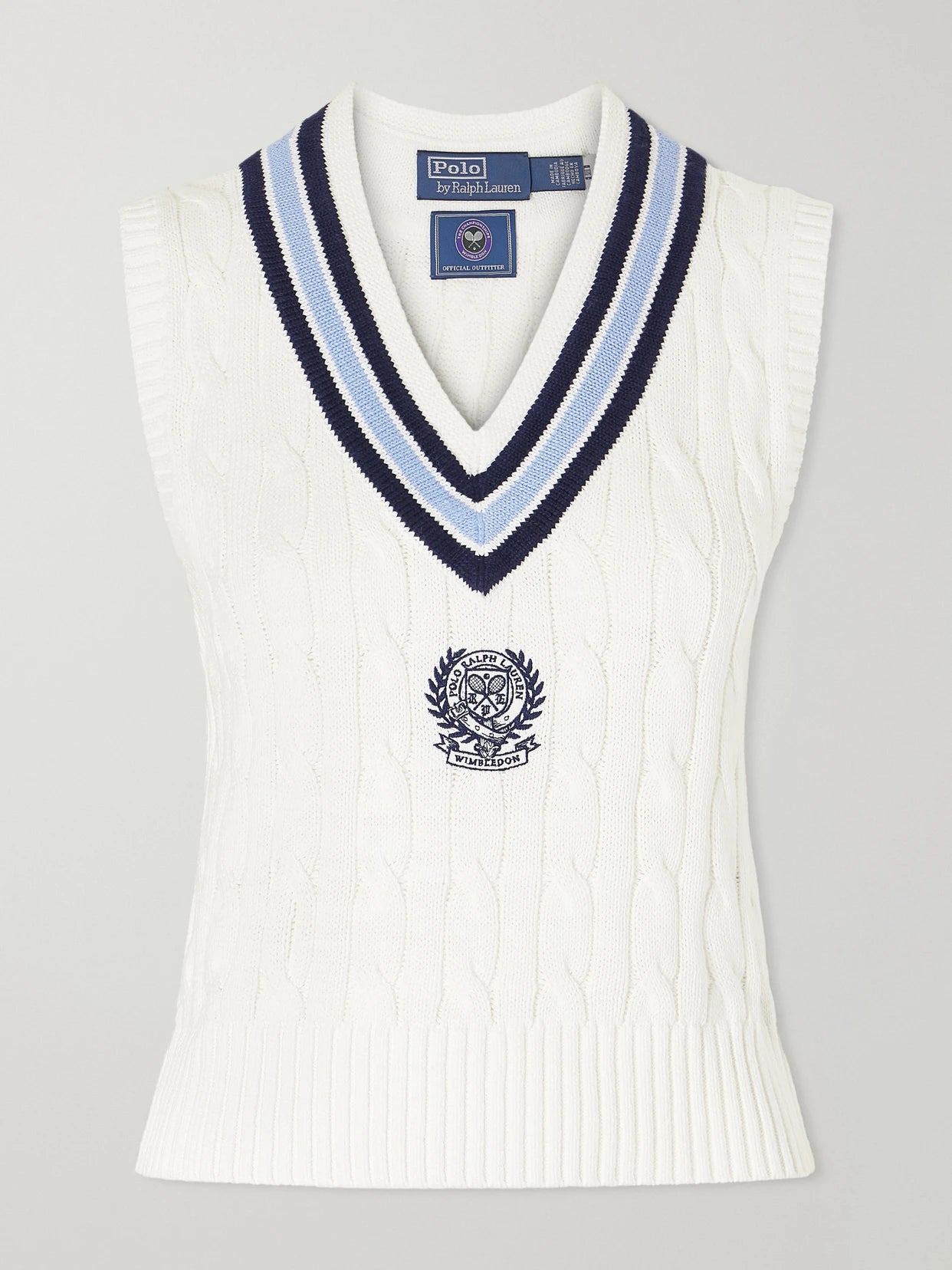 Image of a model wearing Outerwear. Product name - + Wimbledon Logo-embroidered Cable-knit Cotton Vest in Cream colour by brand - Polo Ralph Lauren