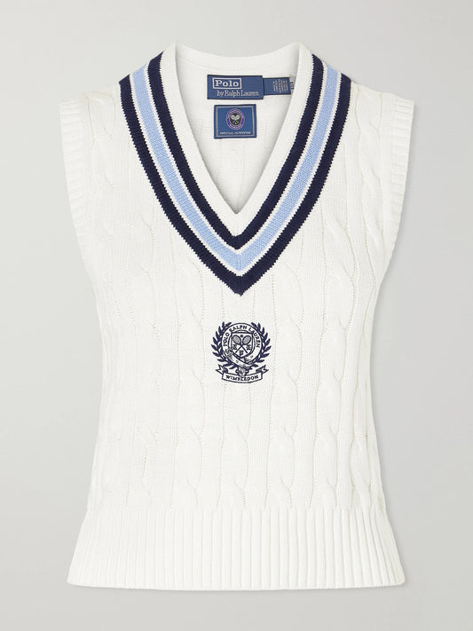 Image of a model wearing Outerwear. Product name - + Wimbledon Logo-embroidered Cable-knit Cotton Vest in Cream colour by brand - Polo Ralph Lauren