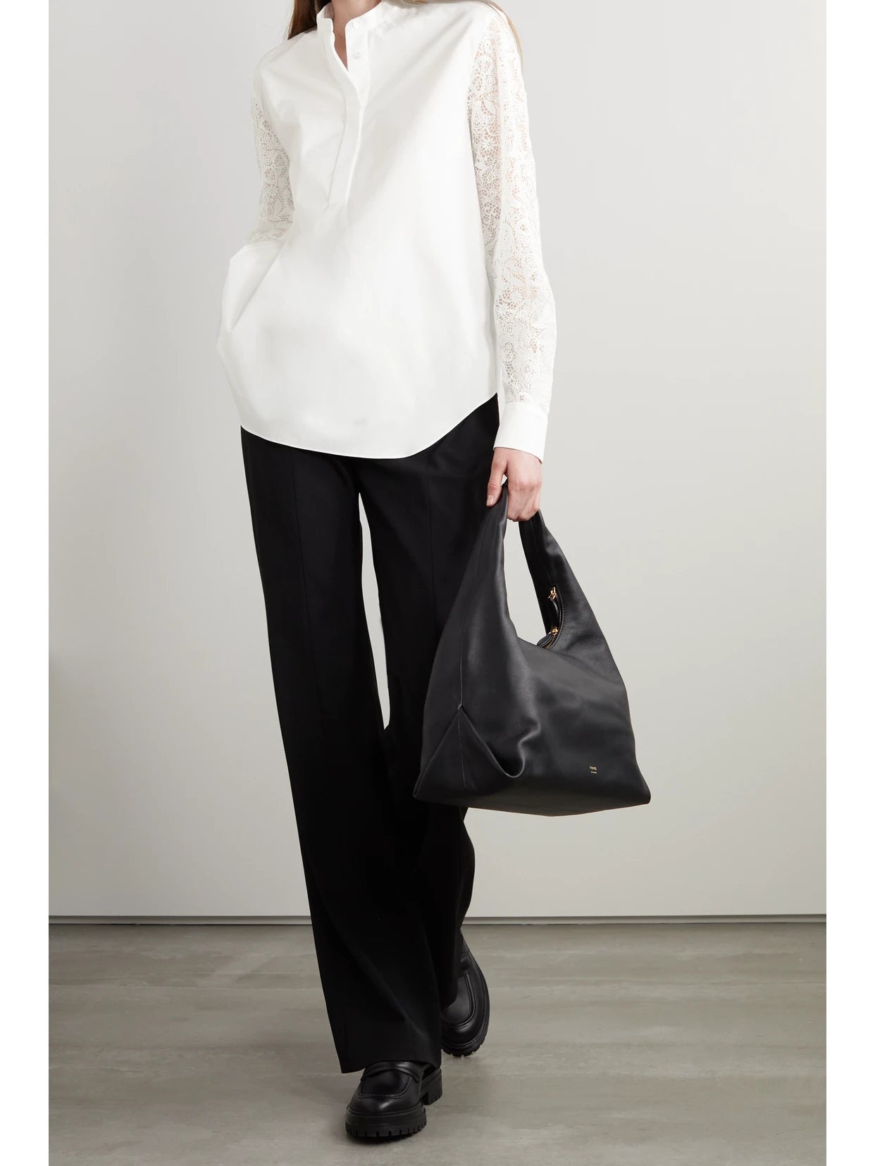 Image of a model wearing Tops. Product name - Ide Cotton-poplin And Guipure Lace Shirt in White colour by brand - Loro Piana
