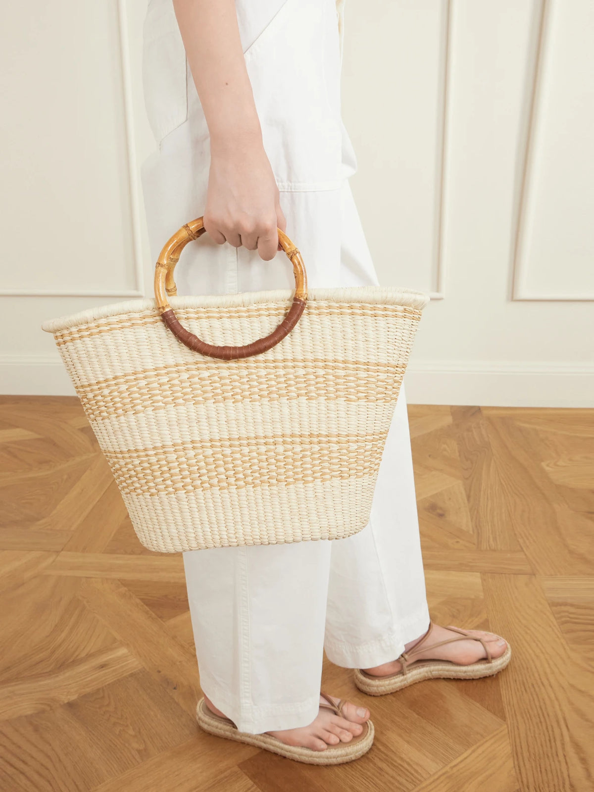Image of Bags. Product name - Leather-trimmed Straw Tote in Beige colour by brand - SENSI STUDIO
