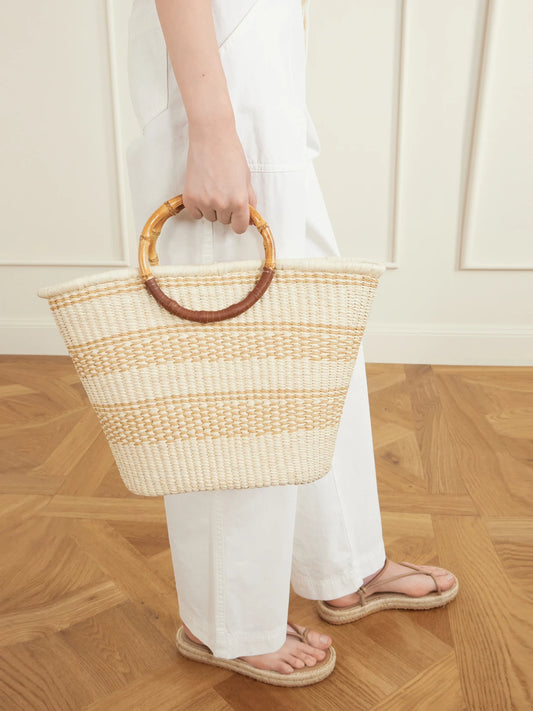 Image of Bags. Product name - Leather-trimmed Straw Tote in Beige colour by brand - SENSI STUDIO